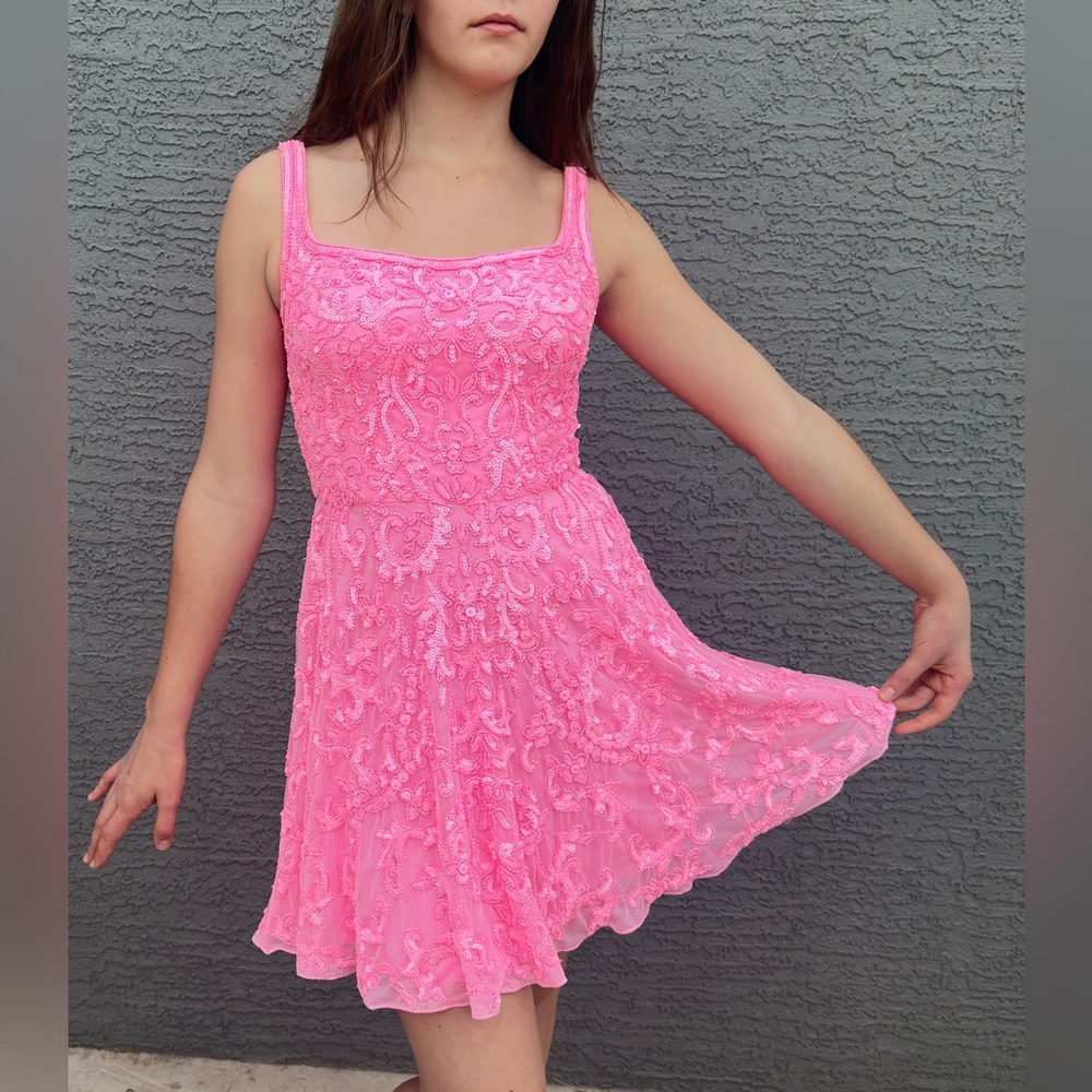 Ashley Lauren Sparkling Sequin Embellished Pink A-line Mini Skater Dress